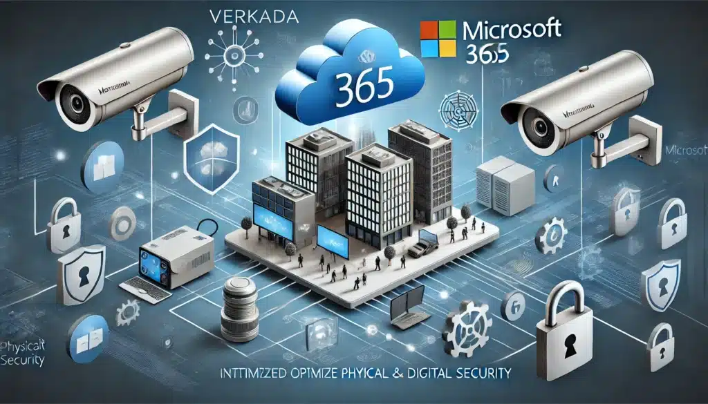 Image montrant une caméra de sécurité Verkada et un tableau de bord Microsoft 365 : "Intégration de Verkada et Microsoft 365 pour une gestion unifiée de la sécurité physique et numérique."